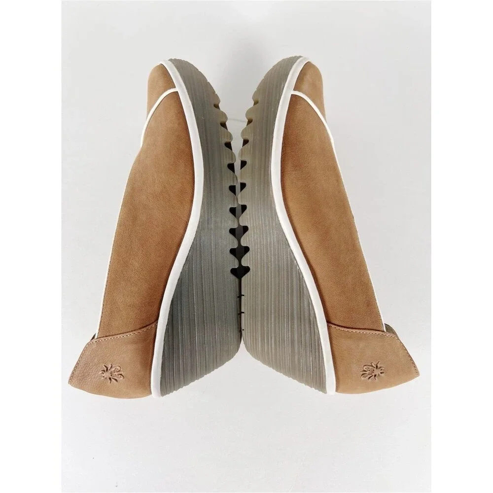 Fly London Yuca Tan Leather White Trim Wedge Slip-On Platform Size 10-10.5
